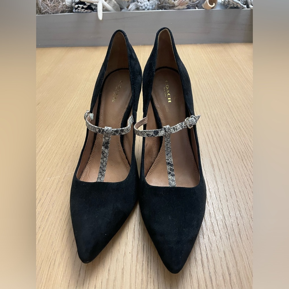 COACH FULTON Black Suede Snakeskin T-Strap Stiletto Pumps Size 11 B - Picture 9 of 12